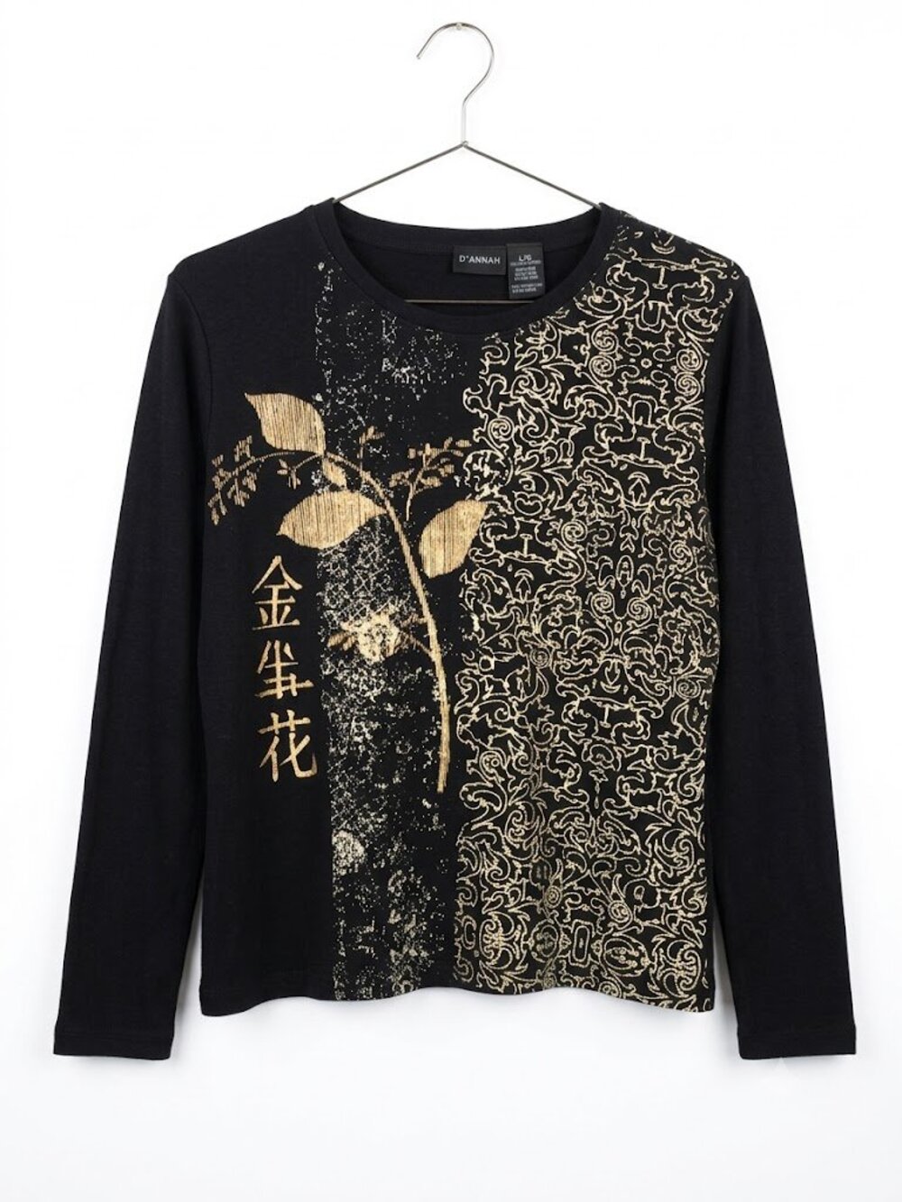 D'ANNAH Vintage Y2K Black Gold Graphic Asian Asian-Inspired 3/4 Sleeve Top Large